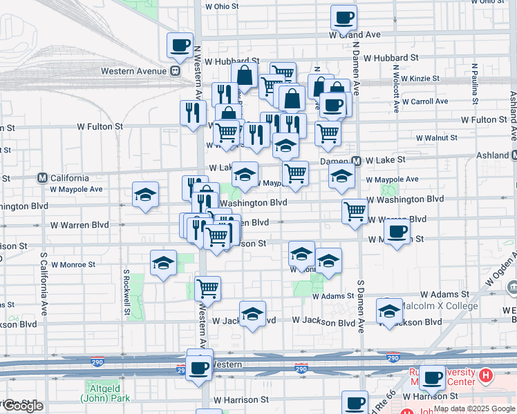 map of restaurants, bars, coffee shops, grocery stores, and more near 2235 West Washington Boulevard in Chicago