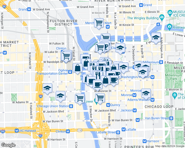 map of restaurants, bars, coffee shops, grocery stores, and more near 29 North Upper Wacker Drive in Chicago