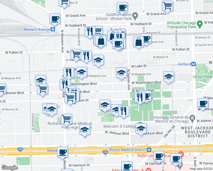 map of restaurants, bars, coffee shops, grocery stores, and more near 2123 West Washington Boulevard in Chicago