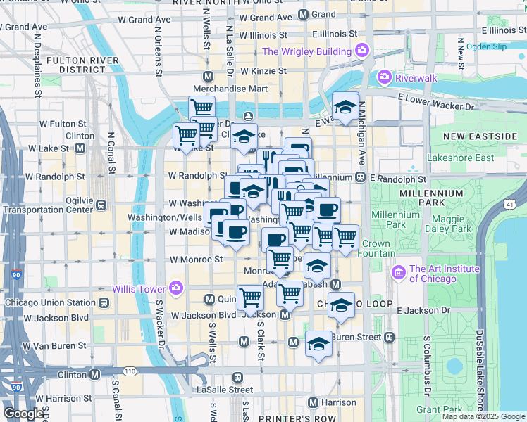 map of restaurants, bars, coffee shops, grocery stores, and more near 69 West Washington Street in Chicago