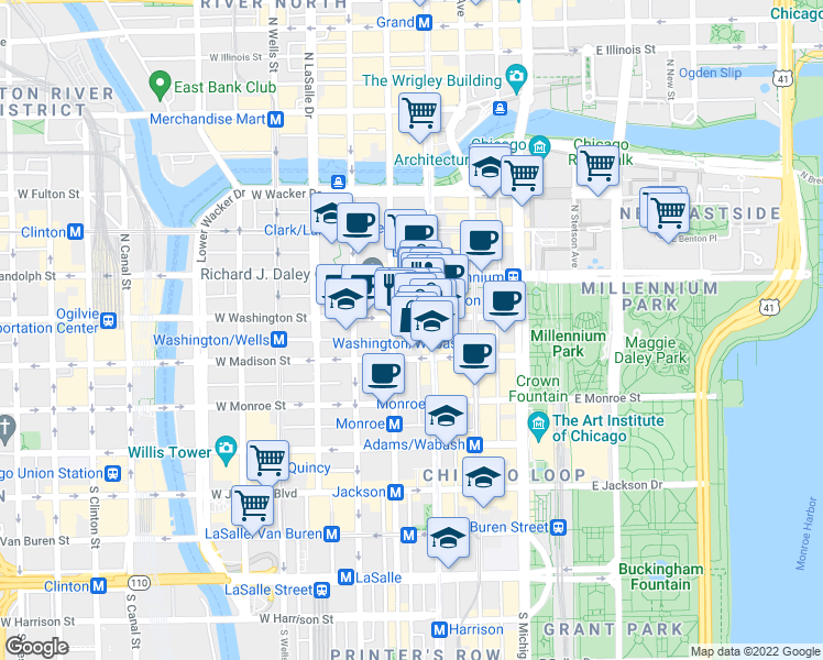 map of restaurants, bars, coffee shops, grocery stores, and more near in Chicago