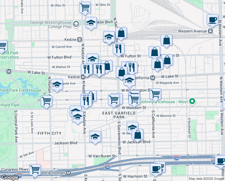 map of restaurants, bars, coffee shops, grocery stores, and more near 3024 West Washington Boulevard in Chicago