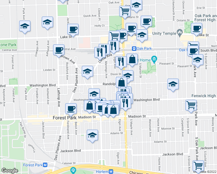 map of restaurants, bars, coffee shops, grocery stores, and more near 204 Marengo Avenue in Forest Park