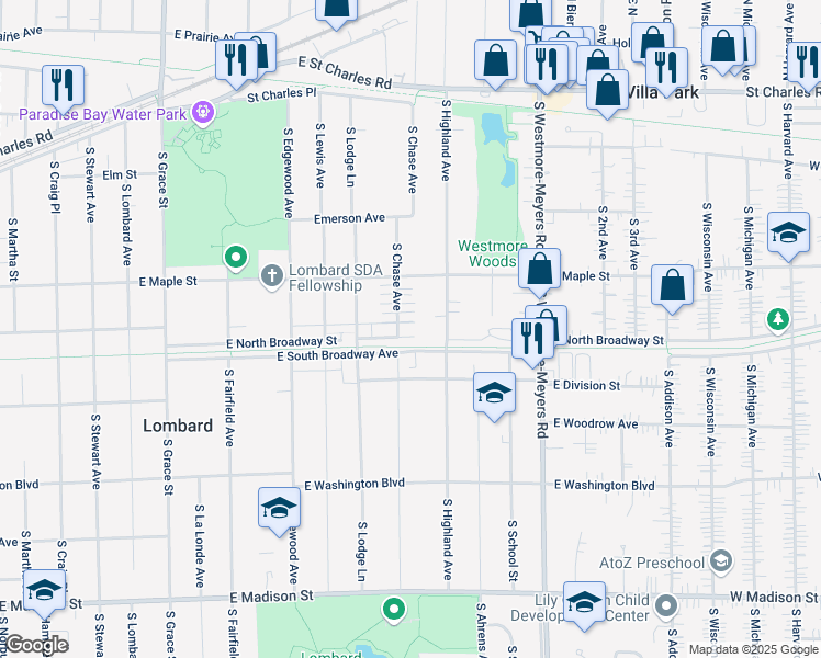 map of restaurants, bars, coffee shops, grocery stores, and more near 740 East North Broadway Street in Lombard