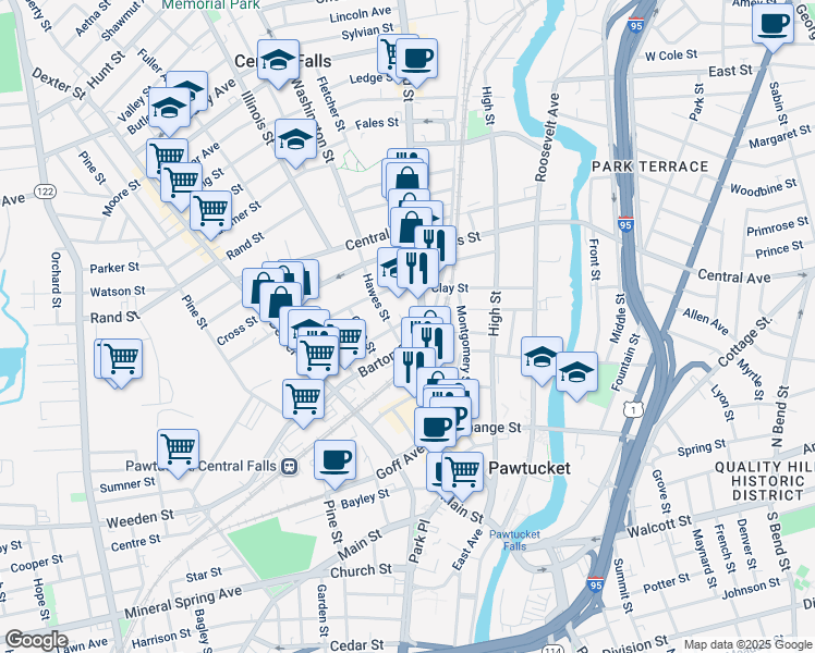 map of restaurants, bars, coffee shops, grocery stores, and more near 10 Nickerson Street in Pawtucket