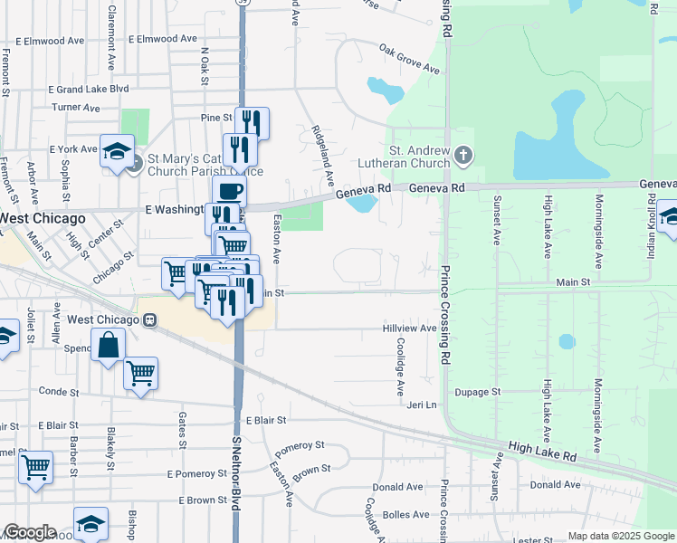 map of restaurants, bars, coffee shops, grocery stores, and more near 801 Burr Oaks Drive in West Chicago