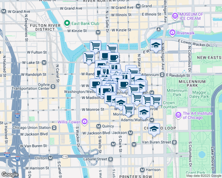 map of restaurants, bars, coffee shops, grocery stores, and more near 111 West Washington Street in Chicago