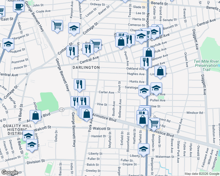 map of restaurants, bars, coffee shops, grocery stores, and more near 112 Saratoga Avenue in Pawtucket