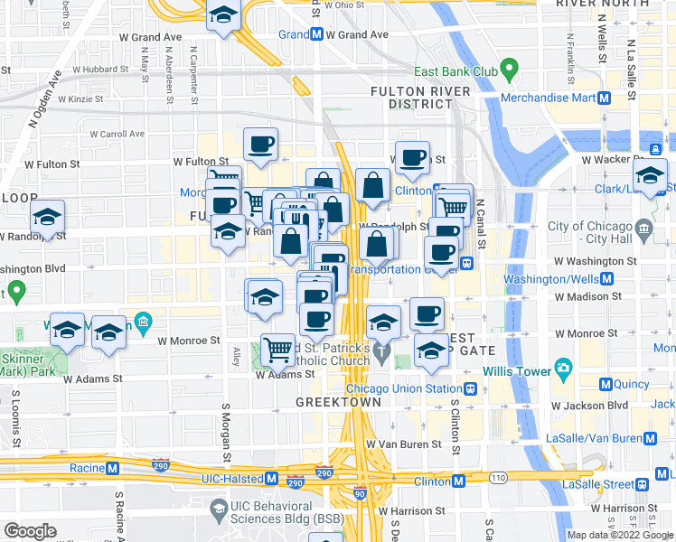 map of restaurants, bars, coffee shops, grocery stores, and more near 737 West Washington Boulevard in Chicago
