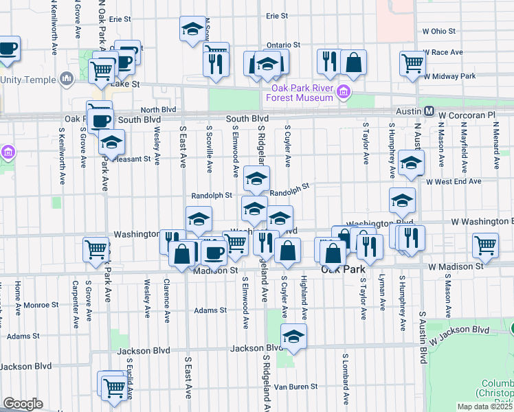map of restaurants, bars, coffee shops, grocery stores, and more near 312 South Ridgeland Avenue in Oak Park
