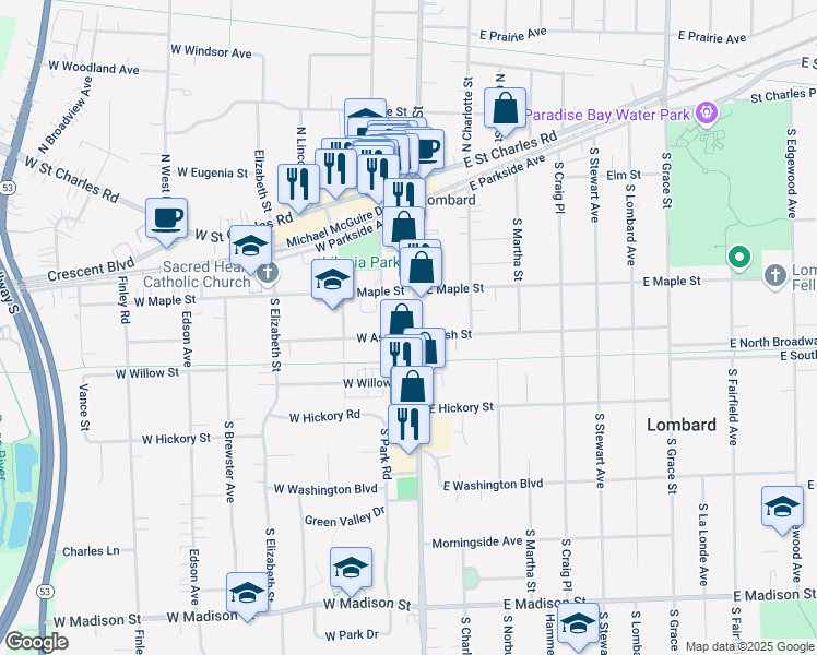 map of restaurants, bars, coffee shops, grocery stores, and more near 230 South Main Street in Lombard