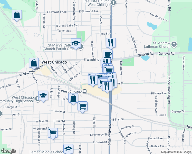 map of restaurants, bars, coffee shops, grocery stores, and more near 464 Colford Avenue in West Chicago