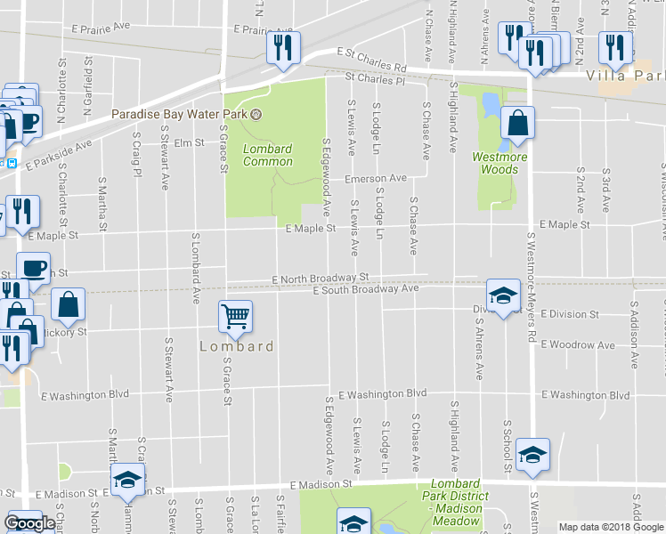 map of restaurants, bars, coffee shops, grocery stores, and more near 237 South Edgewood Avenue in Lombard