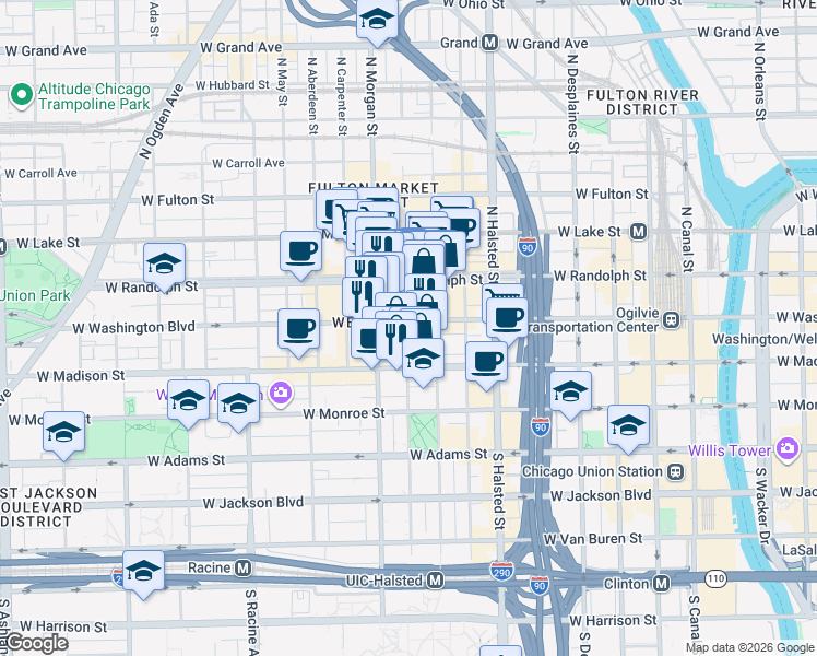 map of restaurants, bars, coffee shops, grocery stores, and more near 927 West Washington Boulevard in Chicago