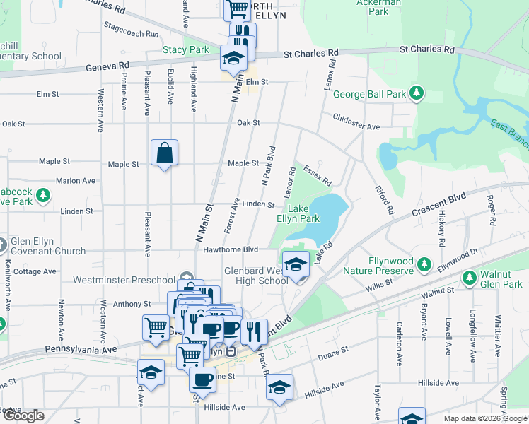 map of restaurants, bars, coffee shops, grocery stores, and more near 621 Linden Street in Glen Ellyn