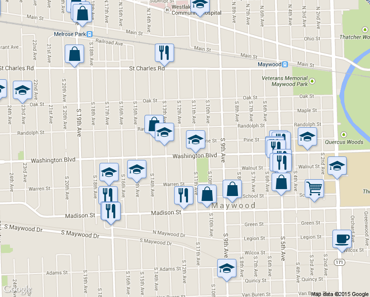 map of restaurants, bars, coffee shops, grocery stores, and more near 429 S 12th Ave in Maywood
