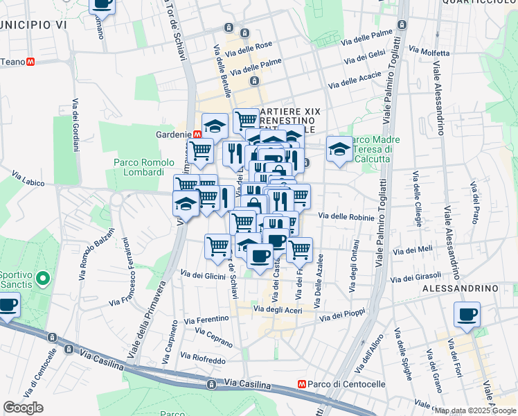 map of restaurants, bars, coffee shops, grocery stores, and more near 22 Via dei Noci in Roma