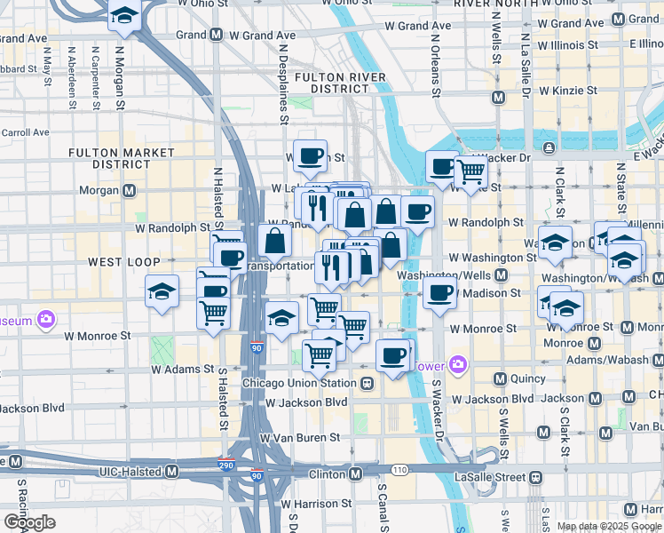 map of restaurants, bars, coffee shops, grocery stores, and more near 559 West Washington Boulevard in Chicago