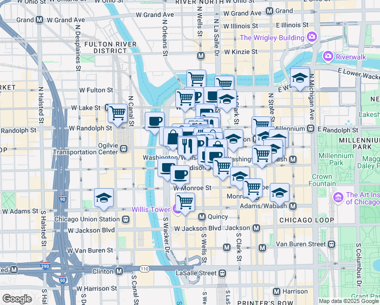 map of restaurants, bars, coffee shops, grocery stores, and more near 225 West Washington Street in Chicago