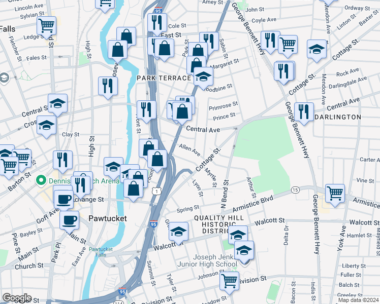 map of restaurants, bars, coffee shops, grocery stores, and more near 19 Allen Avenue in Pawtucket