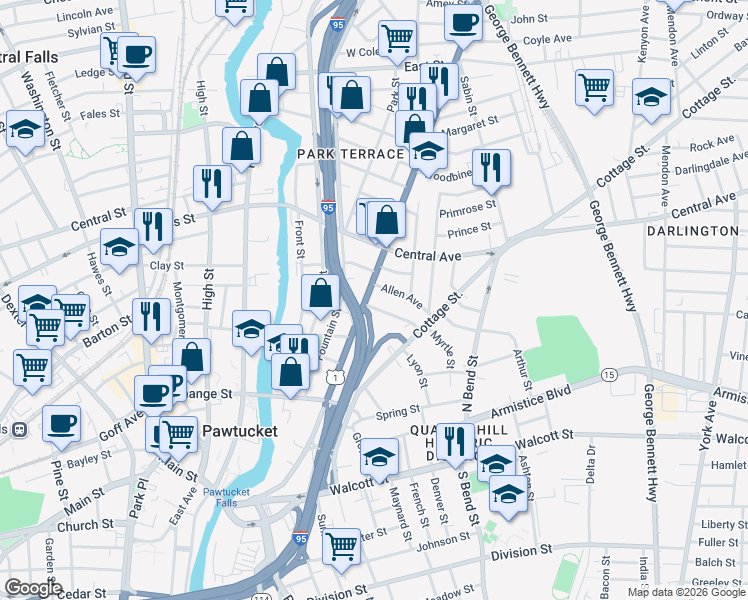map of restaurants, bars, coffee shops, grocery stores, and more near 340 Broadway in Pawtucket