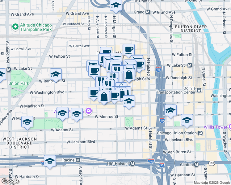 map of restaurants, bars, coffee shops, grocery stores, and more near in Chicago