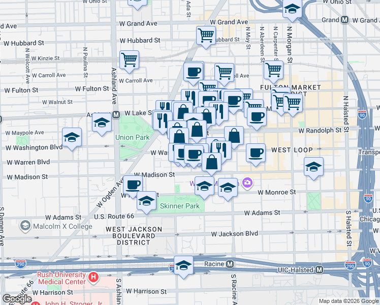 map of restaurants, bars, coffee shops, grocery stores, and more near in Chicago
