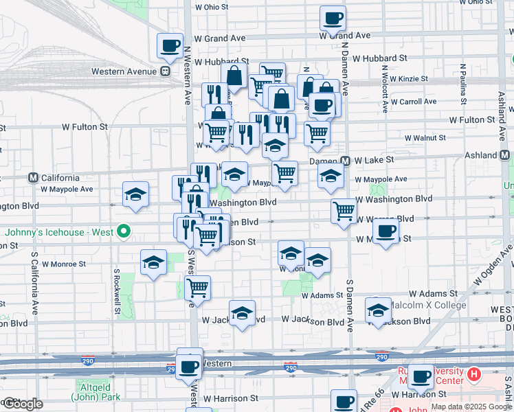map of restaurants, bars, coffee shops, grocery stores, and more near 2223 West Washington Boulevard in Chicago