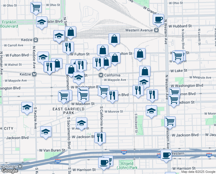 map of restaurants, bars, coffee shops, grocery stores, and more near 2758 West Washington Boulevard in Chicago