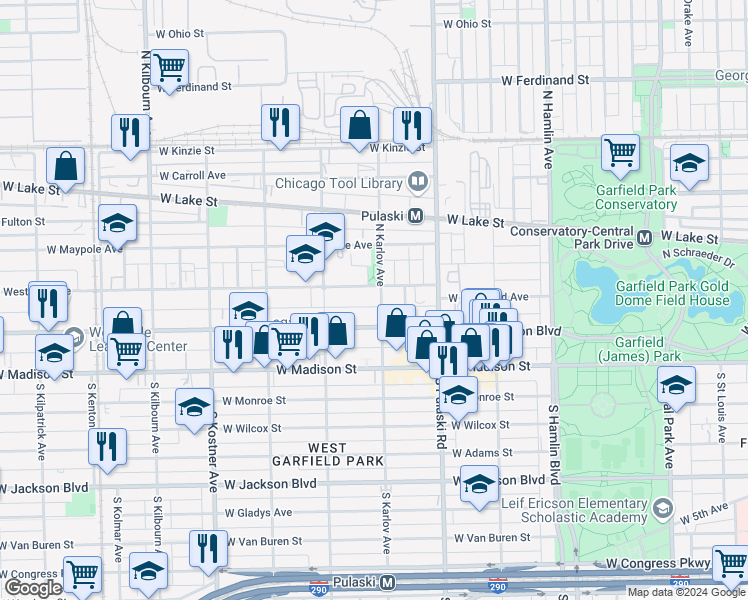 map of restaurants, bars, coffee shops, grocery stores, and more near 4121 West West End Avenue in Chicago