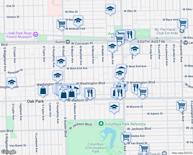 map of restaurants, bars, coffee shops, grocery stores, and more near 129 North Menard Avenue in Chicago
