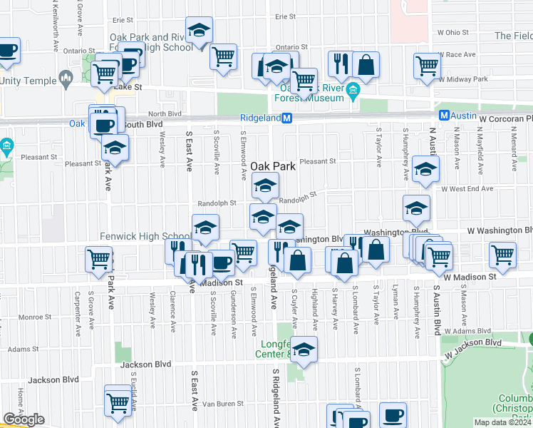 map of restaurants, bars, coffee shops, grocery stores, and more near 312 South Ridgeland Avenue in Oak Park