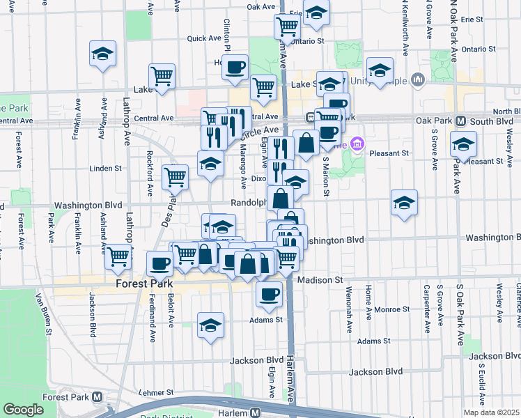 map of restaurants, bars, coffee shops, grocery stores, and more near 7244 Randolph Street in Forest Park