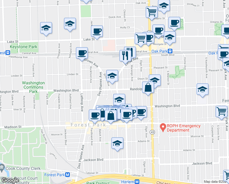 map of restaurants, bars, coffee shops, grocery stores, and more near 7406 Randolph Street in Forest Park