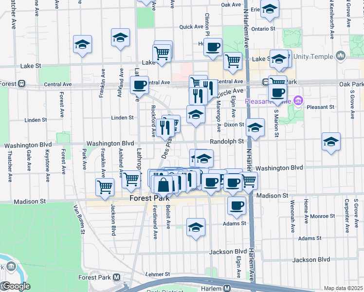 map of restaurants, bars, coffee shops, grocery stores, and more near 200 Des Plaines Avenue in Forest Park
