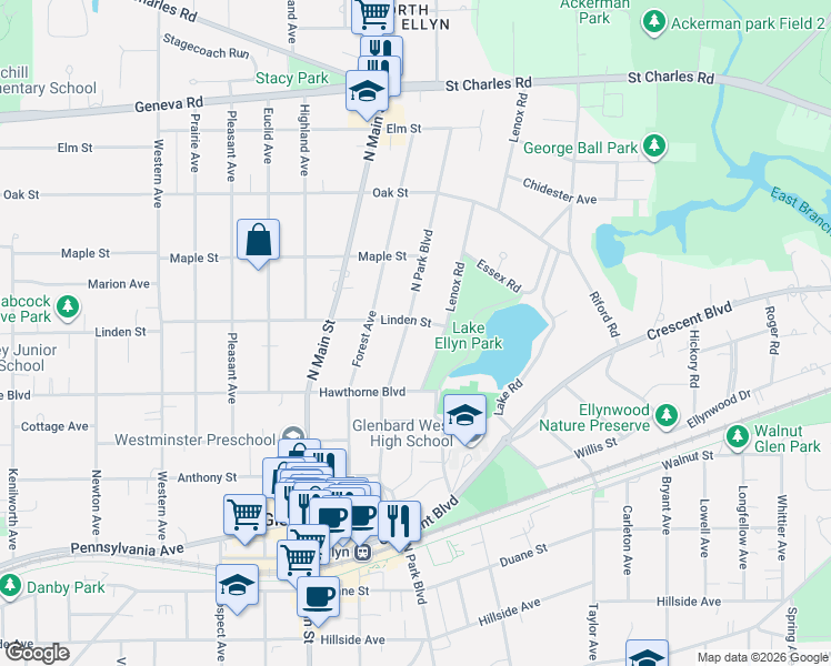 map of restaurants, bars, coffee shops, grocery stores, and more near 621 Linden Street in Glen Ellyn