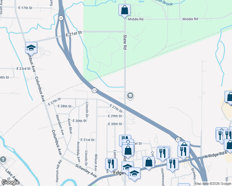 map of restaurants, bars, coffee shops, grocery stores, and more near 1804 East 26th Street in Ashtabula