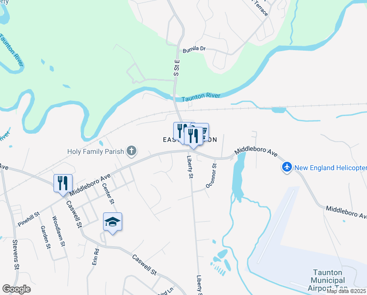 map of restaurants, bars, coffee shops, grocery stores, and more near 478 Middleboro Avenue in Taunton