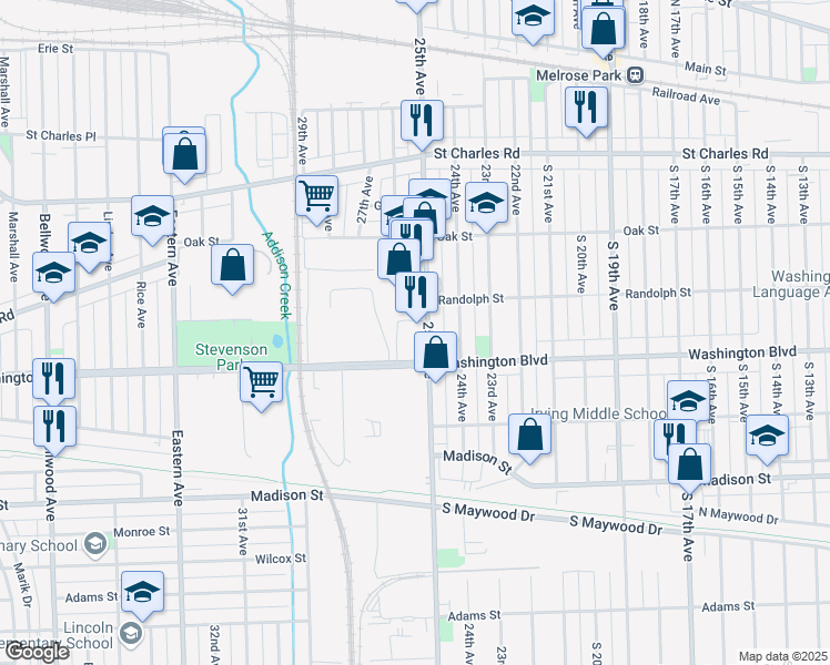 map of restaurants, bars, coffee shops, grocery stores, and more near 520 25th Avenue in Bellwood