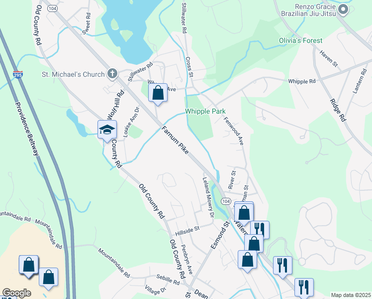 map of restaurants, bars, coffee shops, grocery stores, and more near 15 Rhode Island 104 in Smithfield