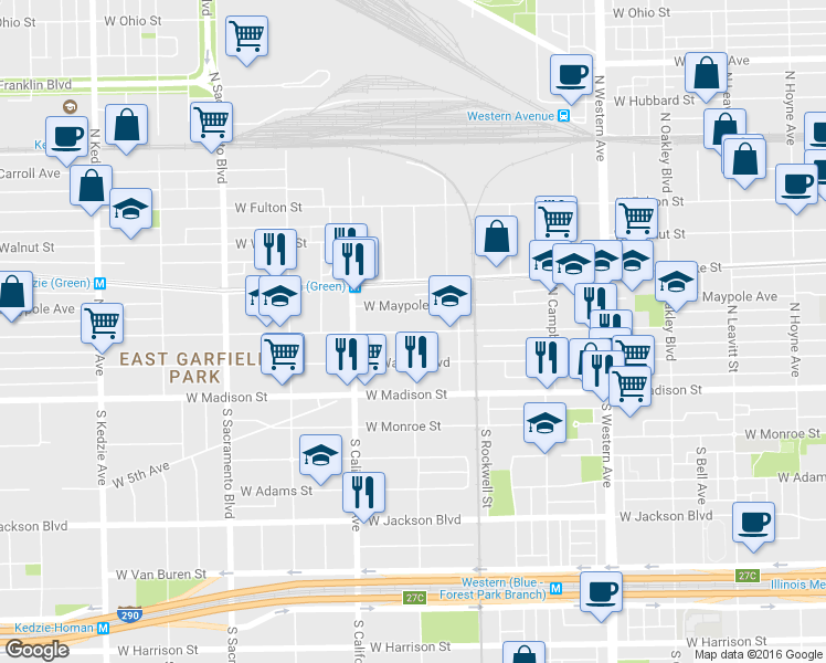 map of restaurants, bars, coffee shops, grocery stores, and more near 2700 West Washington Boulevard in Chicago