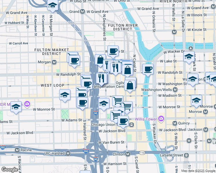 map of restaurants, bars, coffee shops, grocery stores, and more near 619 West Washington Boulevard in Chicago