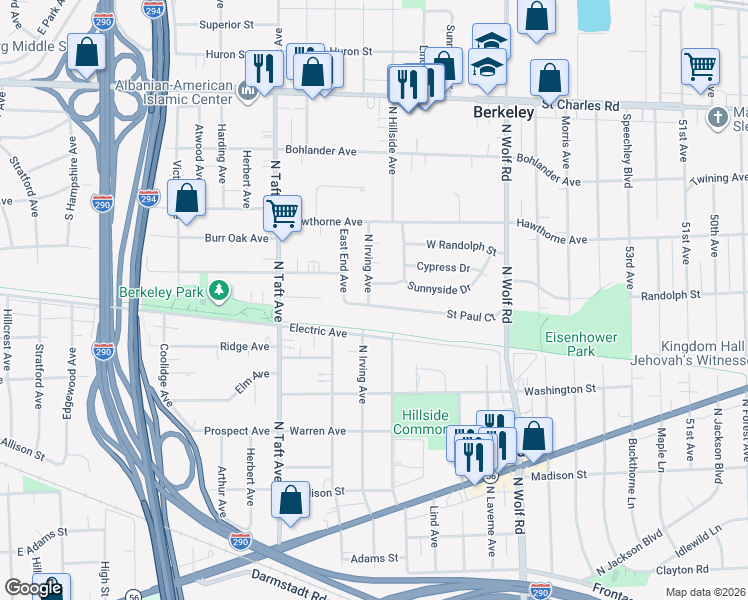 map of restaurants, bars, coffee shops, grocery stores, and more near 5025 Saint Paul Court in Hillside