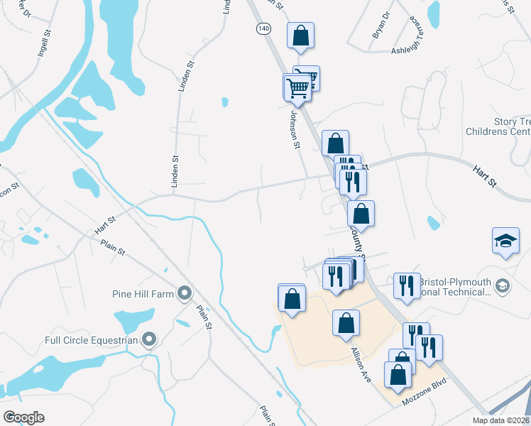 map of restaurants, bars, coffee shops, grocery stores, and more near 103 Hart Street in Taunton