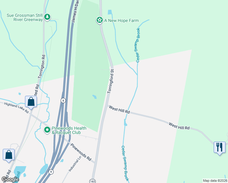 map of restaurants, bars, coffee shops, grocery stores, and more near 4118 Torringford Street in Torrington