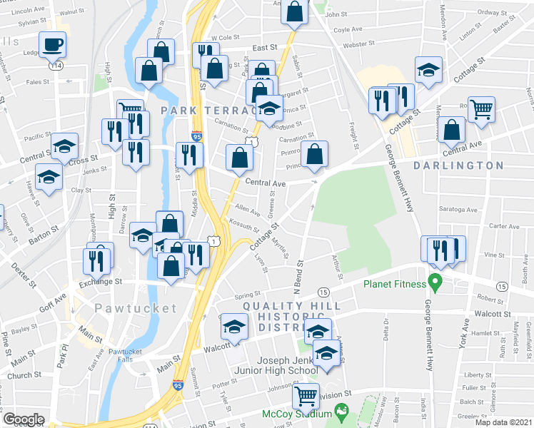 map of restaurants, bars, coffee shops, grocery stores, and more near 10 Greene Street in Pawtucket