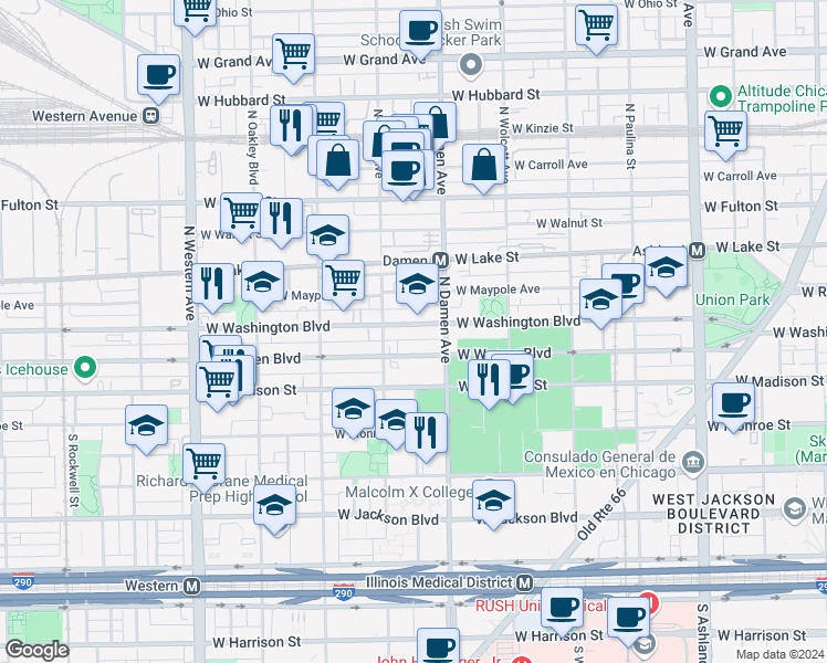 map of restaurants, bars, coffee shops, grocery stores, and more near 2031 West Washington Boulevard in Chicago