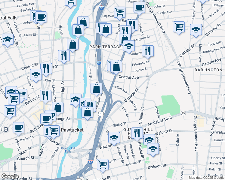 map of restaurants, bars, coffee shops, grocery stores, and more near 345 Broadway in Pawtucket
