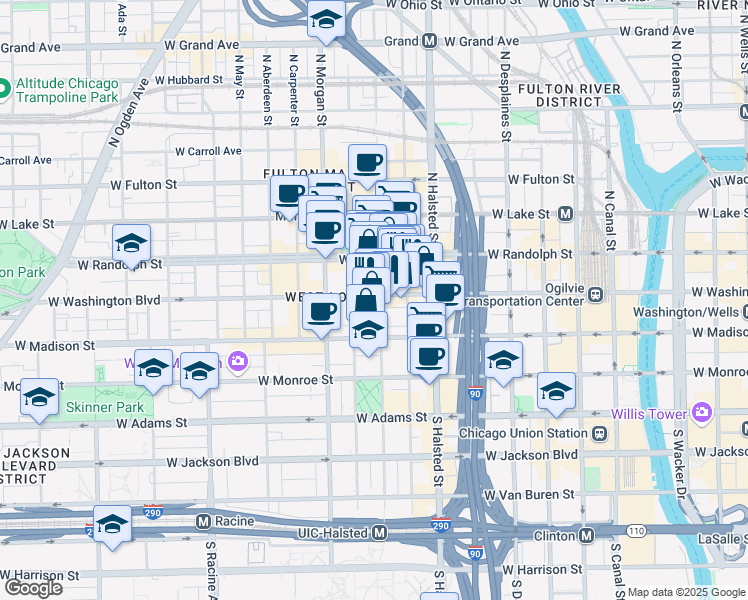 map of restaurants, bars, coffee shops, grocery stores, and more near 855 West Washington Boulevard in Chicago
