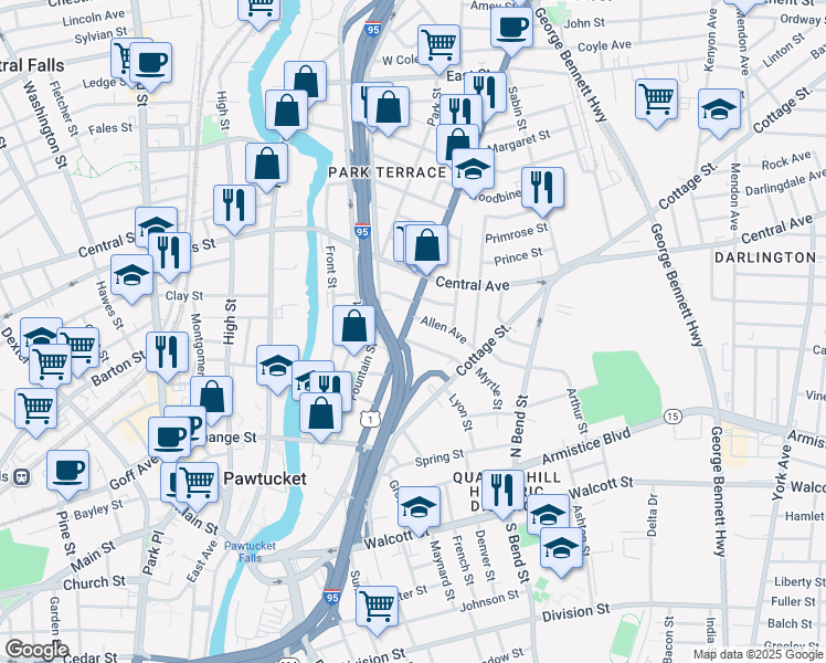map of restaurants, bars, coffee shops, grocery stores, and more near 345 Broadway in Pawtucket
